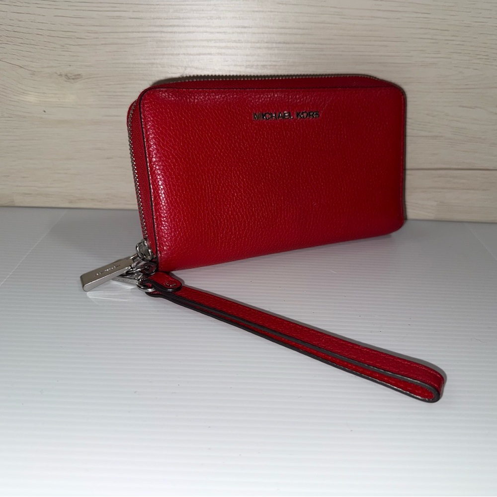 Michael Kors Red Leather Wristlet Wallet – Pebbled Leather – 7.5” x 4”